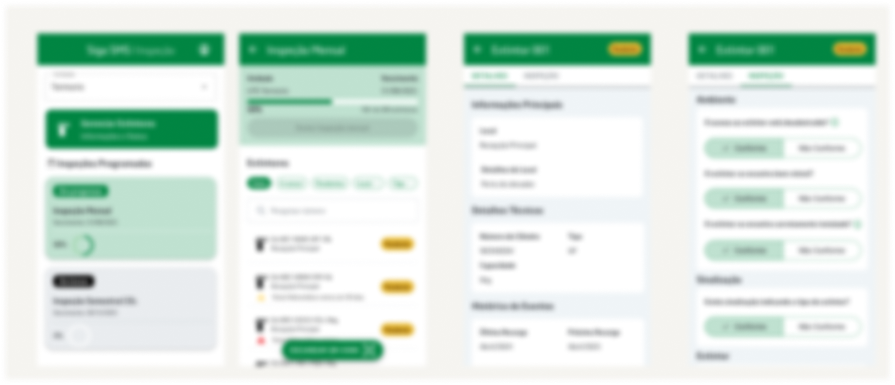 Aplicativo mobile para gestão e inspeção de equipamentos de segurança — da visão geral da unidade à vistoria individual por item, com checklist de conformidade e leitura por QR code.
